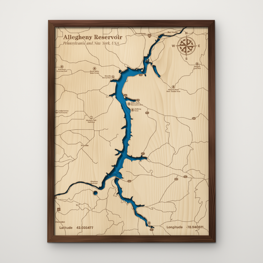 Allegheny Reservoir, Pennsylvania, layered wood map with blue painted water and stained walnut frame, by Dirt Road Barns