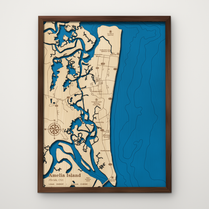 Amelia Island, Florida, layered wood map with blue painted water and stained walnut frame, by Dirt Road Barns