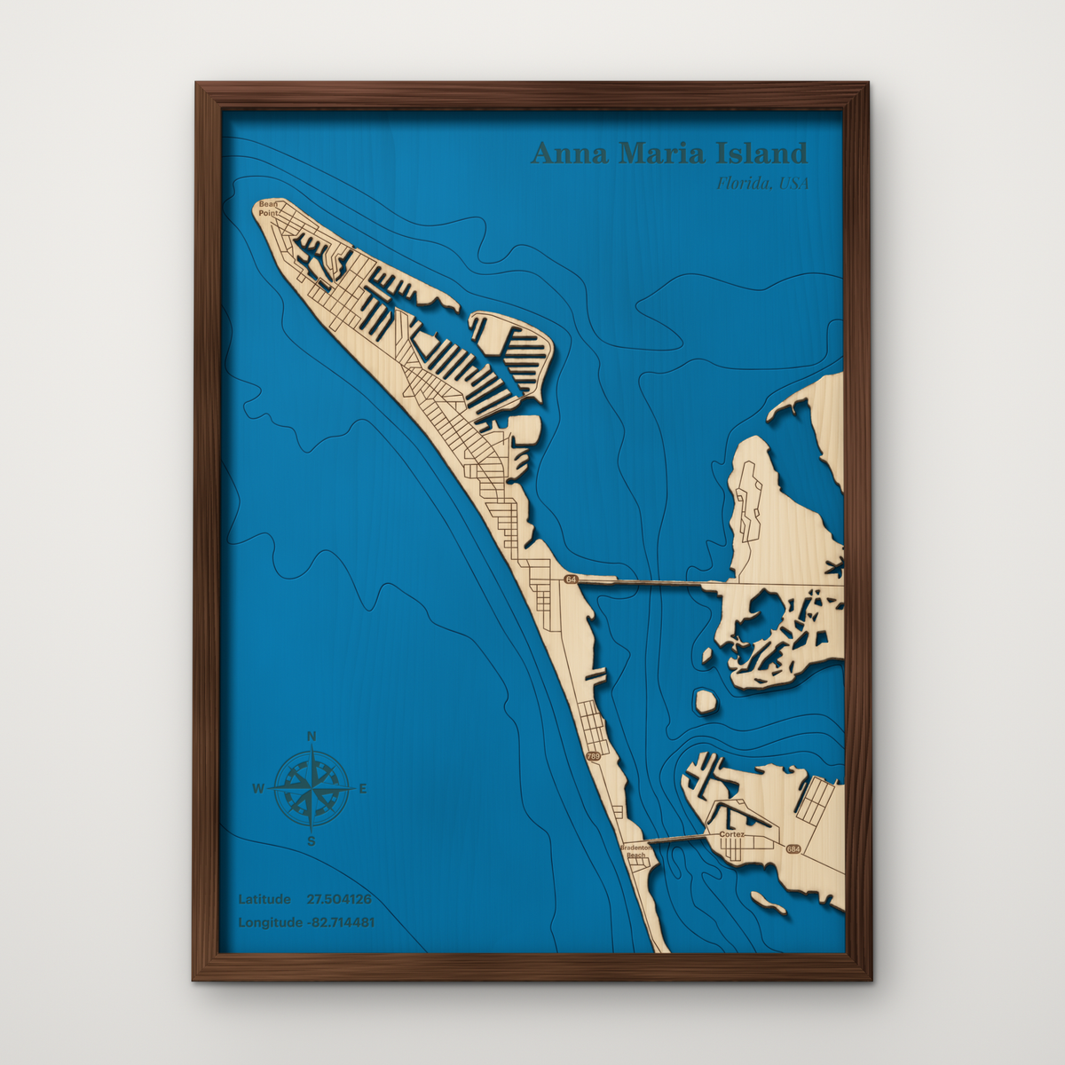 Anna Maria Island, Florida, layered wood map with blue painted water and stained walnut frame, by Dirt Road Barns