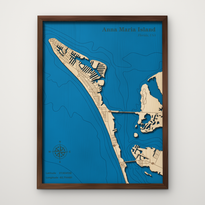 Anna Maria Island, Florida, layered wood map with blue painted water and stained walnut frame, by Dirt Road Barns