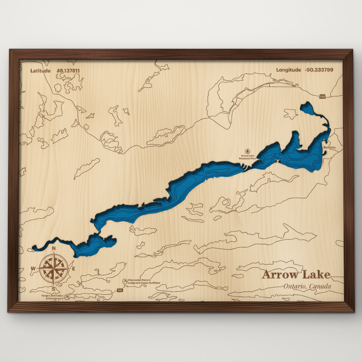 Arrow Lake, Ontario, layered wood map with blue painted water and stained walnut frame, by Dirt Road Barns