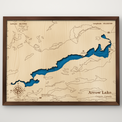 Arrow Lake, Ontario, layered wood map with blue painted water and stained walnut frame, by Dirt Road Barns