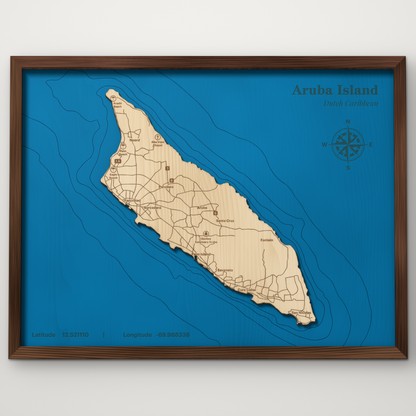 Aruba layered wood map with blue painted water and stained walnut frame, by Dirt Road Barns