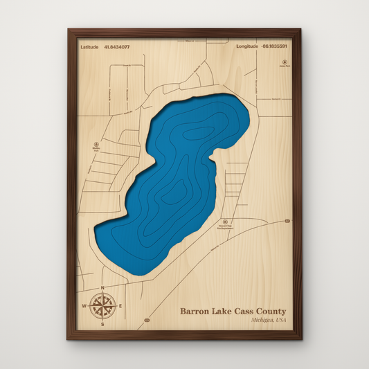 Barron Lake, Michigan, layered wood map with blue painted water and stained walnut frame, by Dirt Road Barns