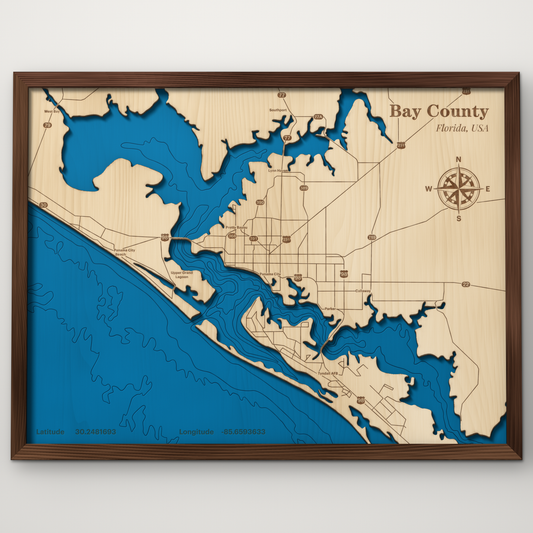 Bay County, Florida, layered wood map with blue painted water and stained walnut frame, by Dirt Road Barns