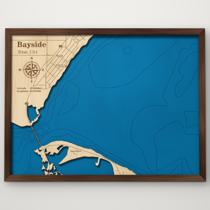 Bayside, Texas, layered wood map with blue painted water and stained walnut frame, by Dirt Road Barns
