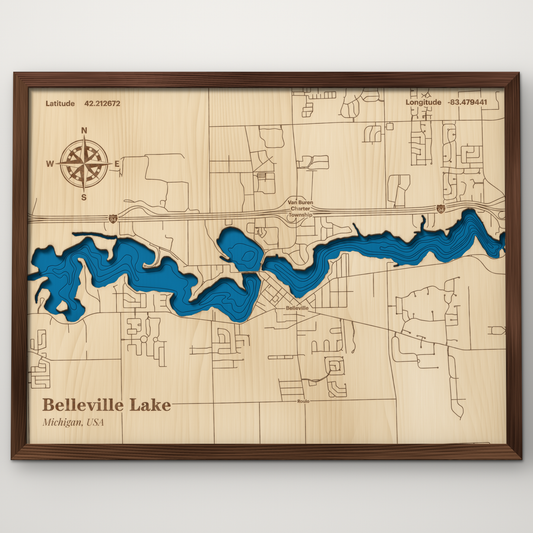 Belleville Lake, Michigan layered wood map with blue painted water and stained walnut frame, by Dirt Road Barns