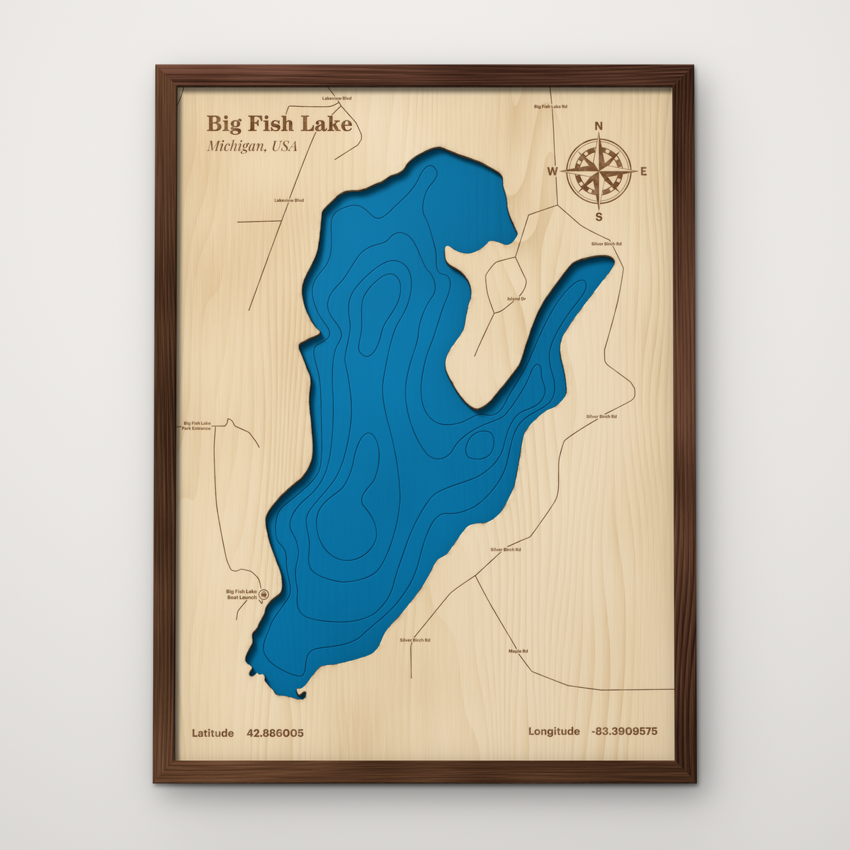 Big Fish Lake, Michigan, layered wood map with blue painted water and stained walnut frame, by Dirt Road Barns