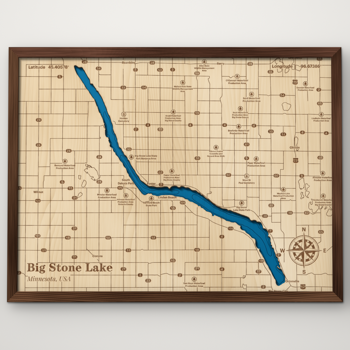 Big Stone Lake, Minnesota, layered wood map with blue painted water and stained walnut frame, by Dirt Road Barns