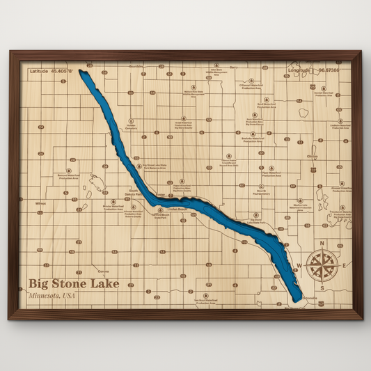 Big Stone Lake, Minnesota, layered wood map with blue painted water and stained walnut frame, by Dirt Road Barns