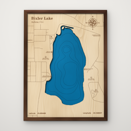 Bixler Lake, Indiana, layered wood map with blue painted water and stained walnut frame, by Dirt Road Barns