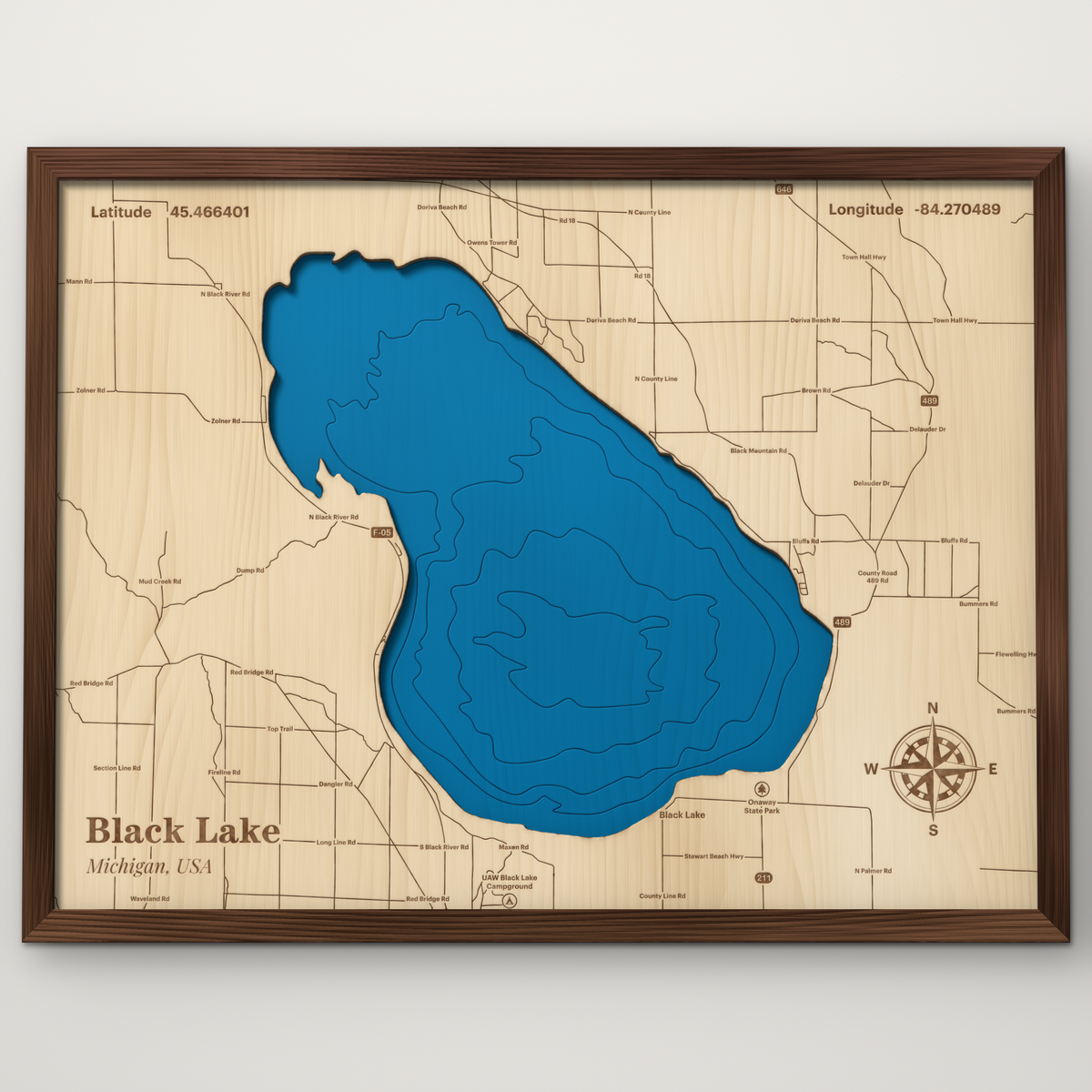 Black Lake, Michigan, layered wood map with blue painted water and stained walnut frame, by Dirt Road Barns