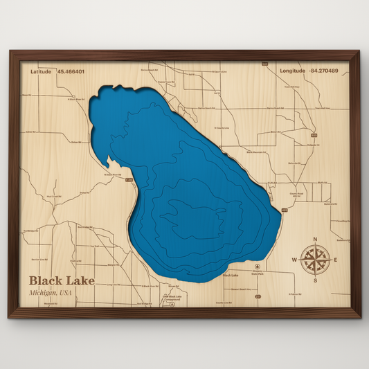 Black Lake, Michigan, layered wood map with blue painted water and stained walnut frame, by Dirt Road Barns