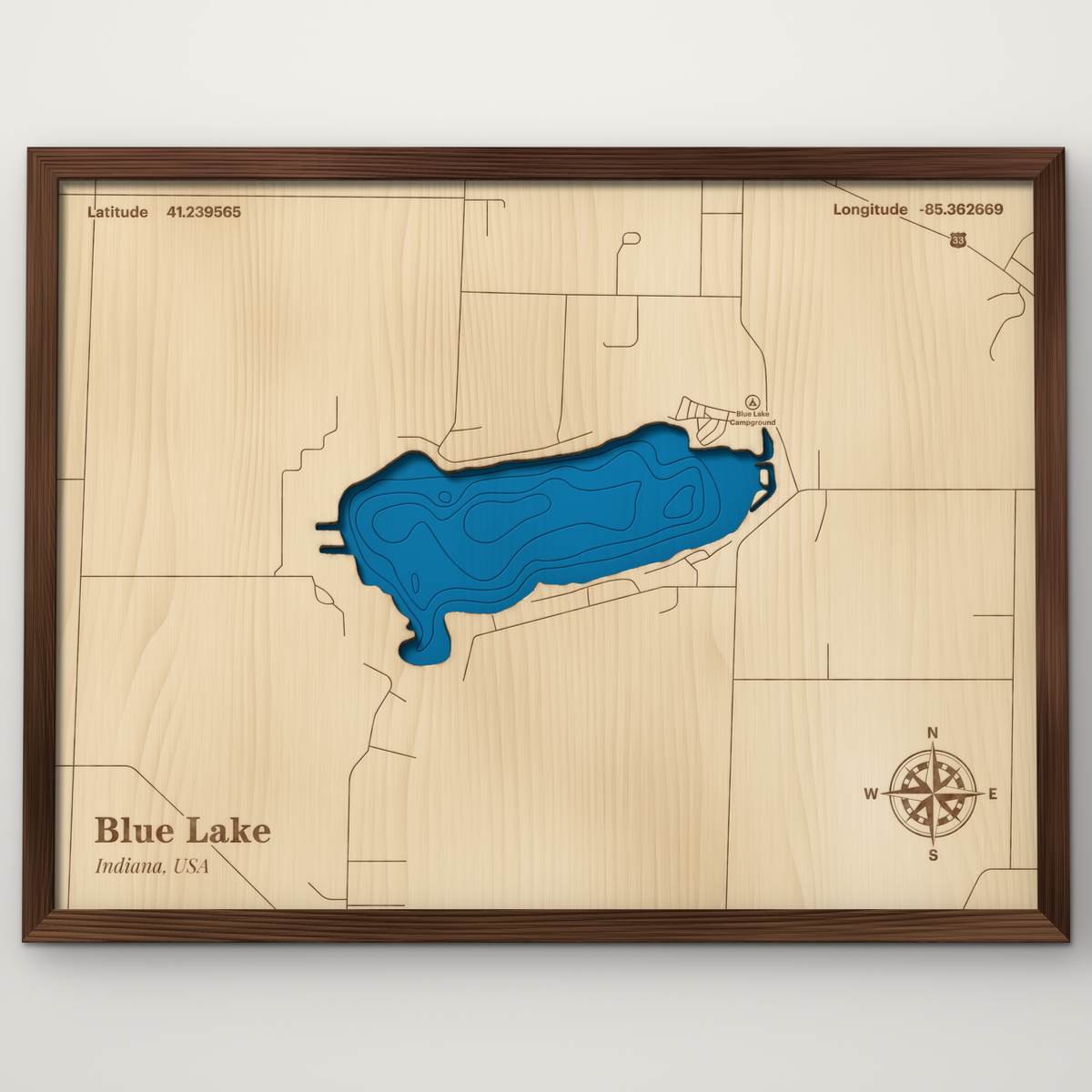 Blue Lake, Indiana, layered wood map with blue painted water and stained walnut frame, by Dirt Road Barns