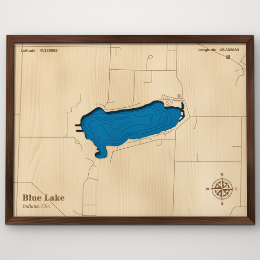 Blue Lake, Indiana, layered wood map with blue painted water and stained walnut frame, by Dirt Road Barns