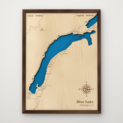Blue Lake, Washington, layered wood map with blue painted water and stained walnut frame, by Dirt Road Barns