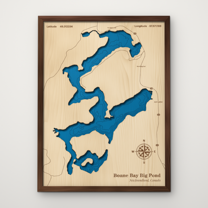 Bonne Bay Big Pond, Newfoundland, Canada, layered wood map with blue painted water and stained walnut frame, by Dirt Road Barns