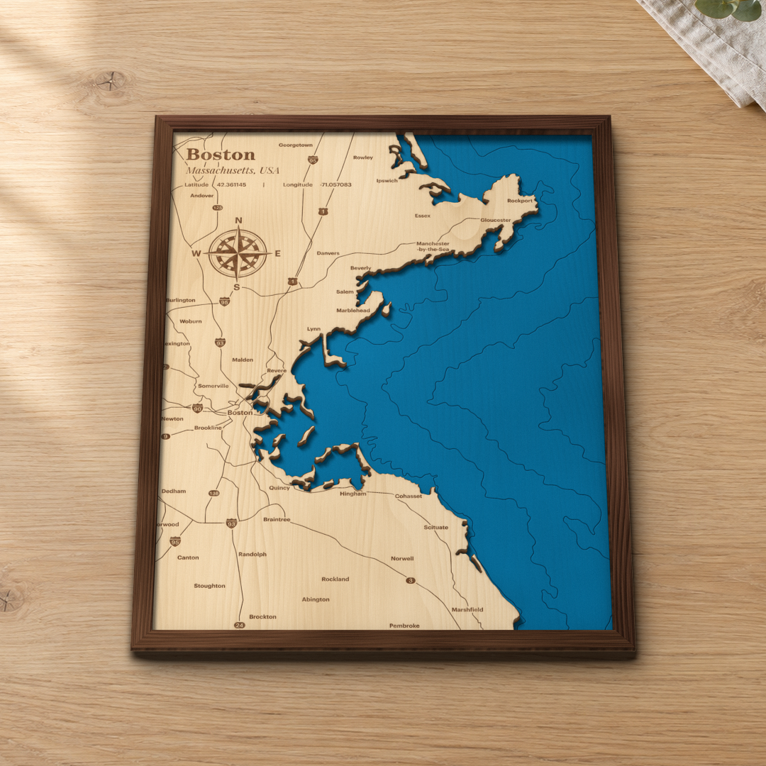 Close-up of the Boston wood map showing Boston Harbor, Cape Ann and ocean depth contours