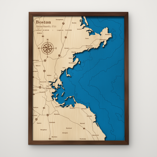 Boston and Massachusetts coast layered wood map with blue painted ocean and stained walnut frame, by Dirt Road Barns
