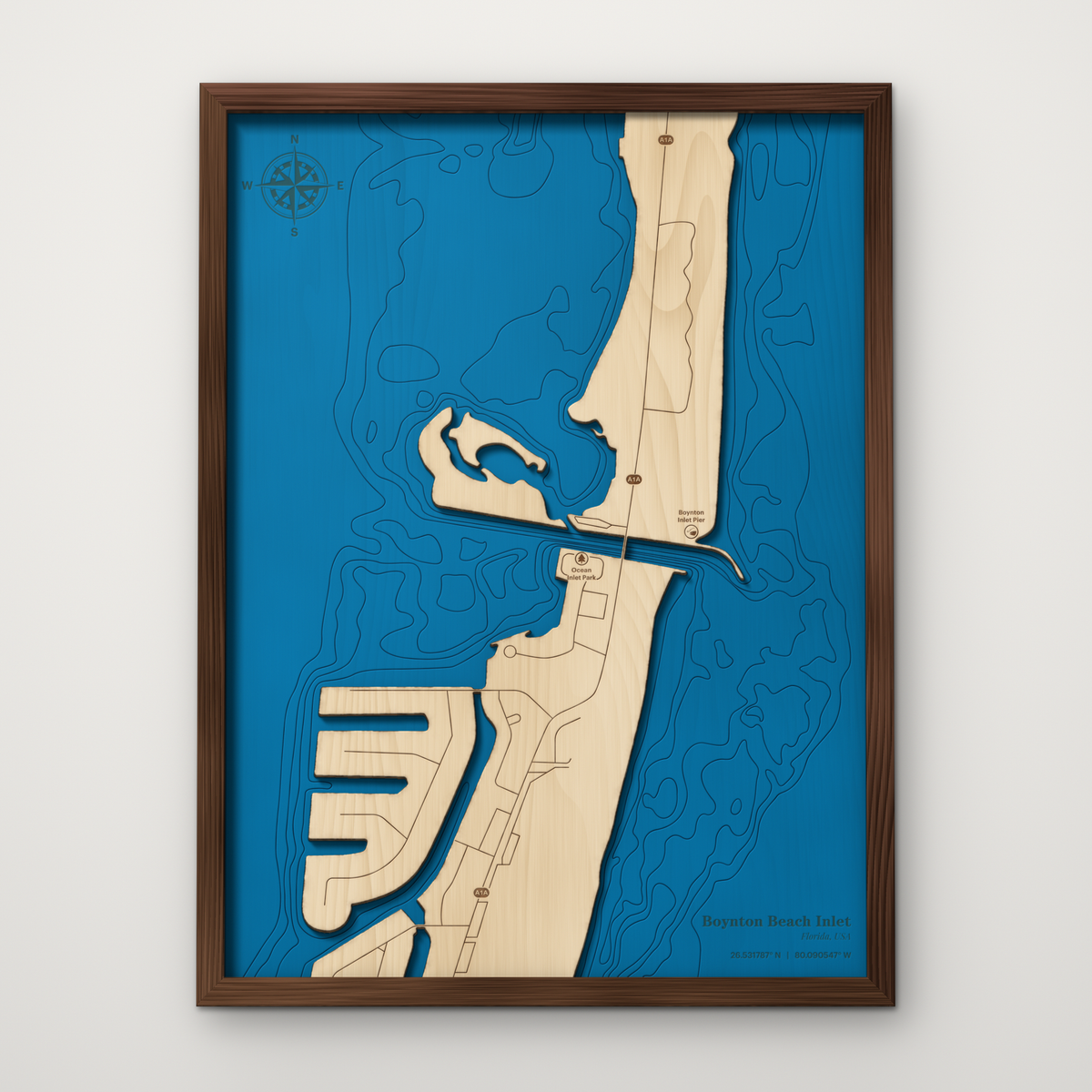 Boynton Beach Inlet, Florida, layered wood map with blue painted water and stained walnut frame, by Dirt Road Barns