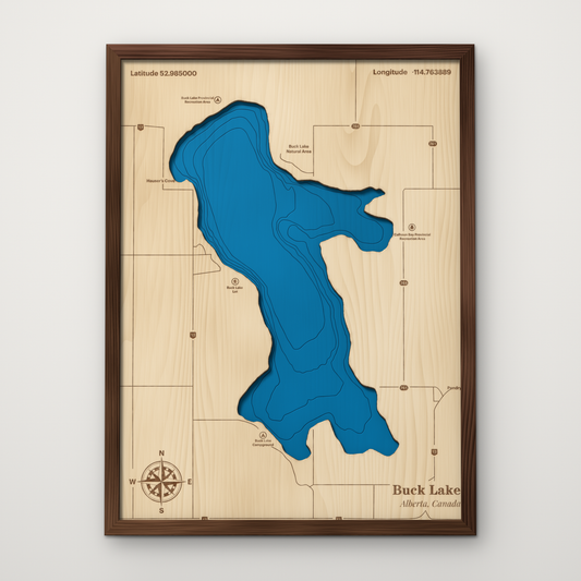 Buck Lake, Alberta, layered wood map with blue painted water and stained walnut frame, by Dirt Road Barns