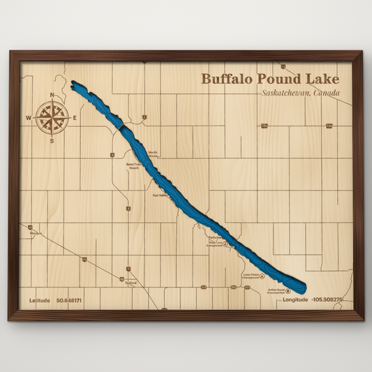 Buffalo Pound Lake, Saskatchewan, Canada, layered wood map with blue painted water and stained walnut frame, by Dirt Road Barns