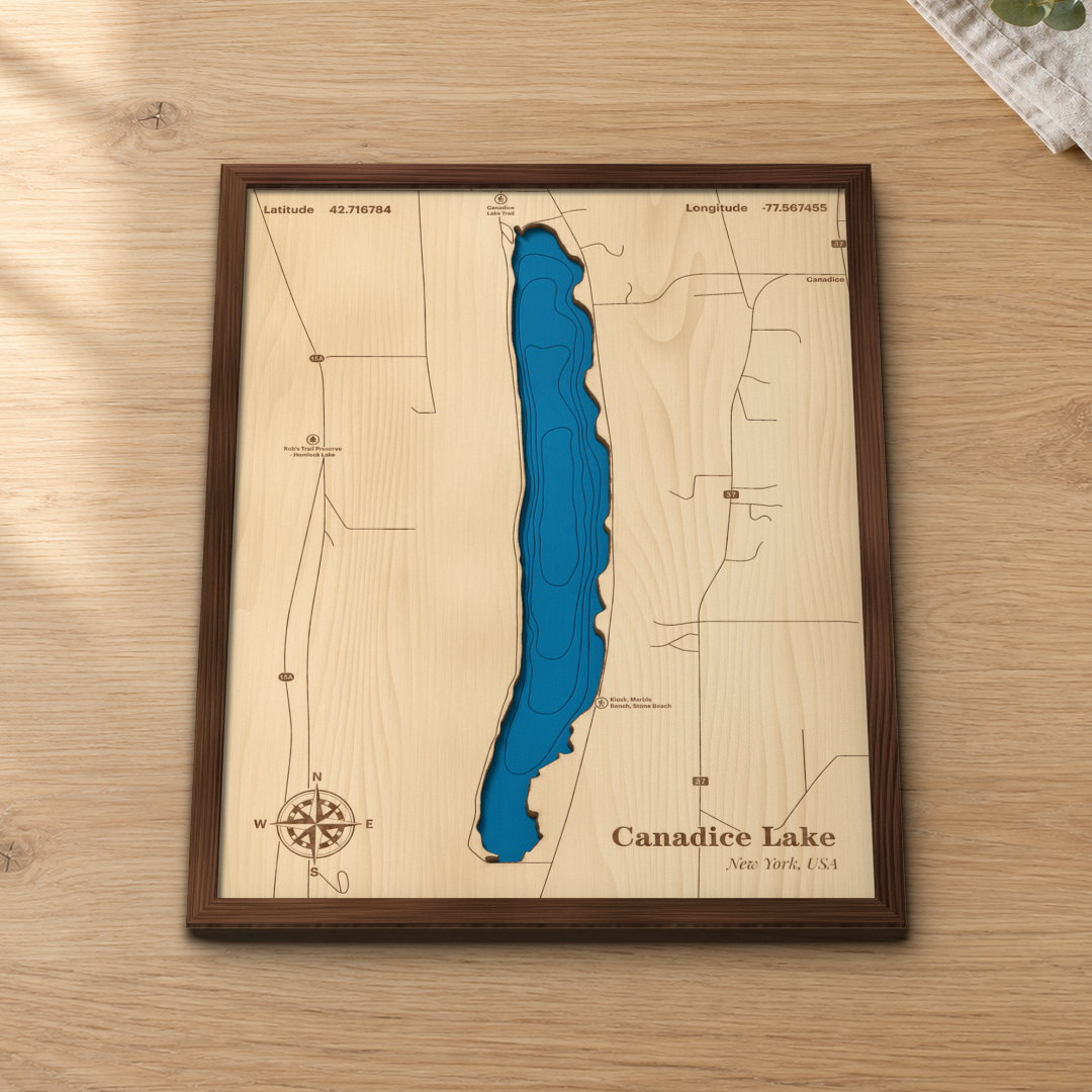 Close-up of the Canadice Lake wood map showing depth contours, Route 15A and Canadice Lake Trail