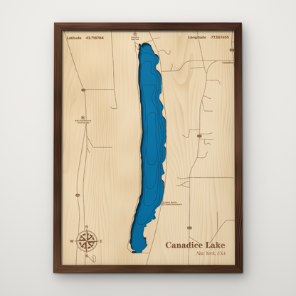 Canadice Lake layered wood map with blue painted water and stained walnut frame, by Dirt Road Barns
