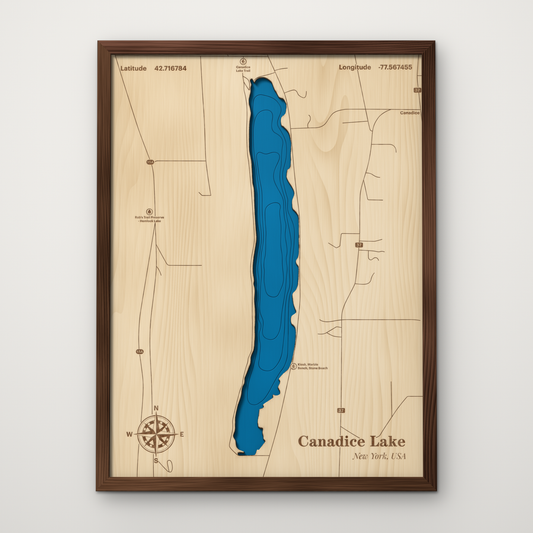 Canadice Lake layered wood map with blue painted water and stained walnut frame, by Dirt Road Barns