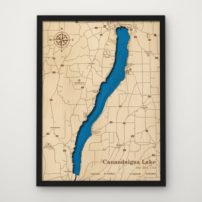 Canandaigua Lake layered wood map in painted black frame