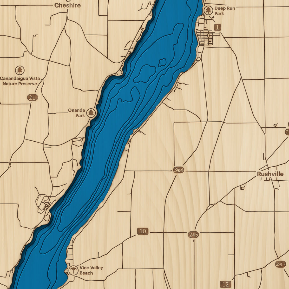 Canandaigua Lake layered wood map close-up showing hand-cut layers