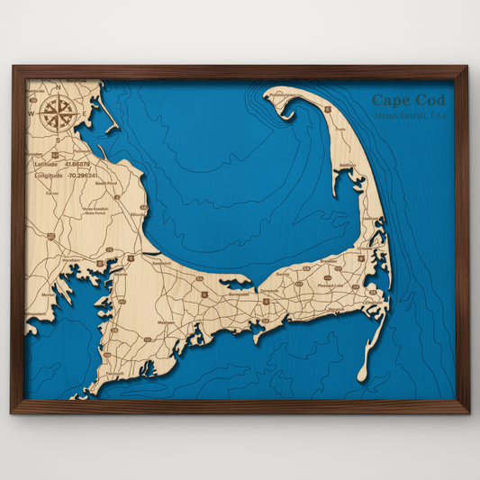 Cape Cod Bay, Massachusetts, layered wood map with blue painted water and stained walnut frame, by Dirt Road Barns