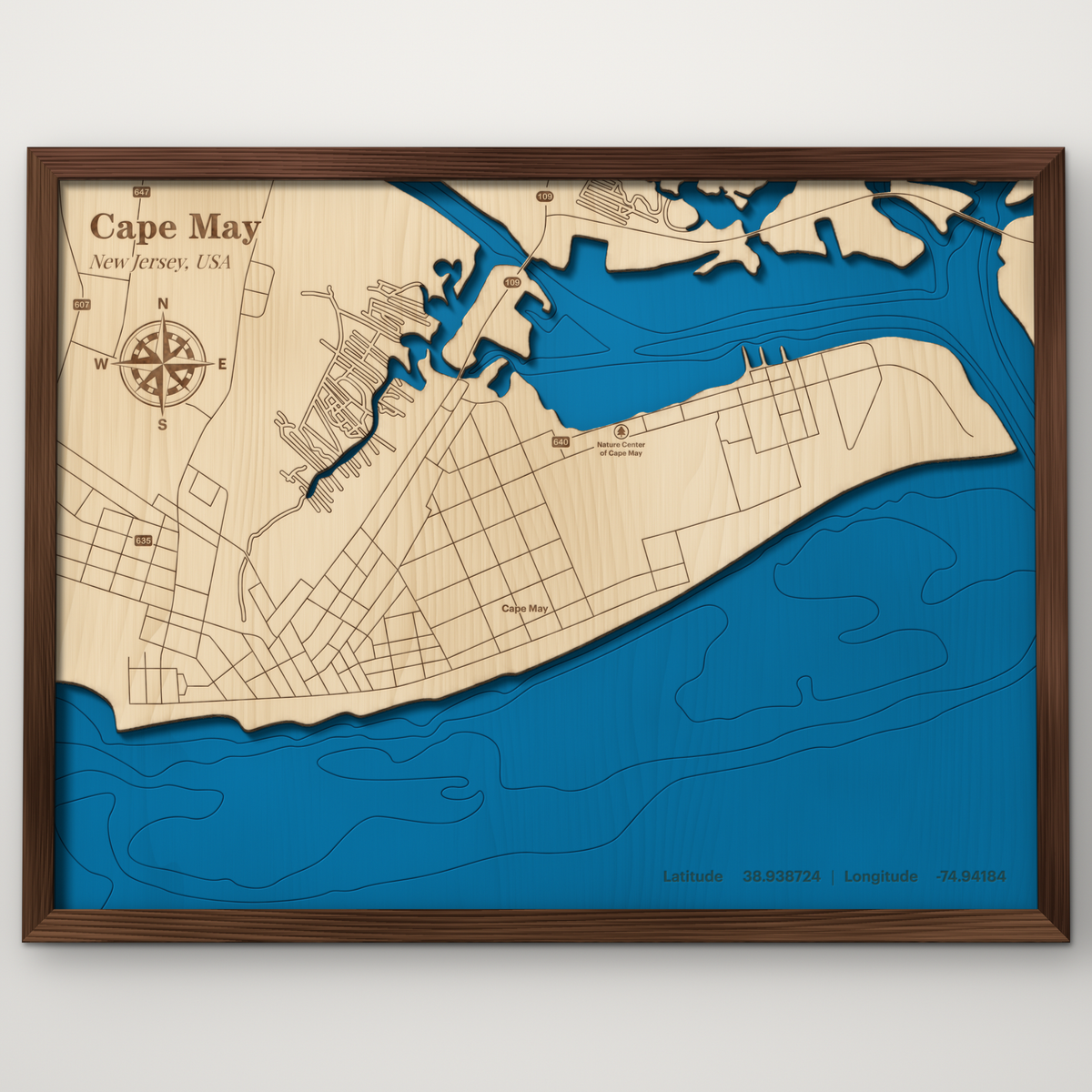 Cape May, New Jersey, layered wood map with blue painted water and stained walnut frame, by Dirt Road Barns