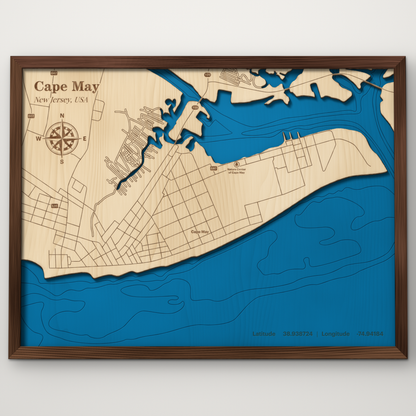 Cape May, New Jersey, layered wood map with blue painted water and stained walnut frame, by Dirt Road Barns