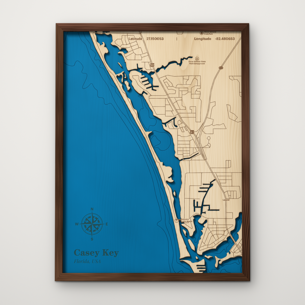 Casey Key, Florida, layered wood map with blue painted water and stained walnut frame, by Dirt Road Barns