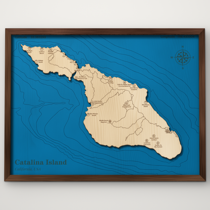 Catalina Island, California, layered wood map with blue painted water and stained walnut frame, by Dirt Road Barns