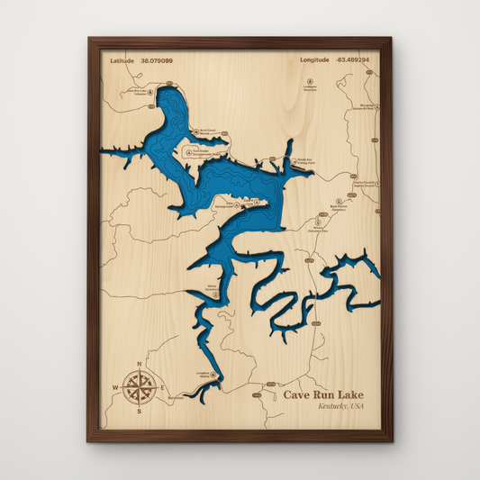 Cave Run Lake, Kentucky, layered wood map with blue painted water and stained walnut frame, by Dirt Road Barns