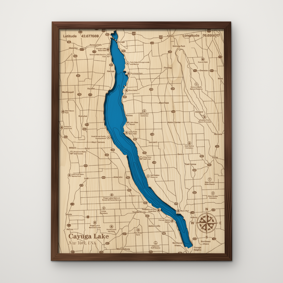 Cayuga Lake layered wood map with blue painted water and stained walnut frame, by Dirt Road Barns