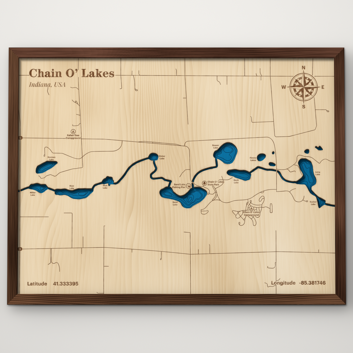 Chain O' Lakes, Indiana, layered wood map with blue painted water and stained walnut frame, by Dirt Road Barns