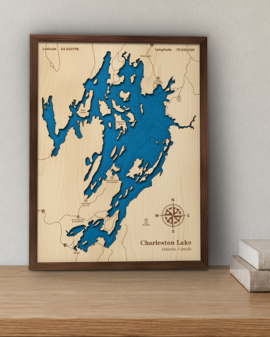 Charleston Lake wood map in a walnut frame standing on a wooden sideboard against a wall for scale