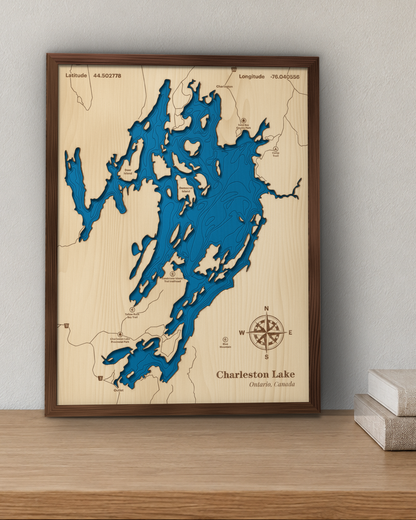Charleston Lake wood map in a walnut frame standing on a wooden sideboard against a wall for scale