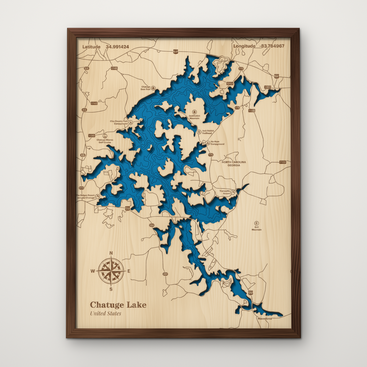 Chatuge Lake, North Carolina, layered wood map with blue painted water and stained walnut frame, by Dirt Road Barns