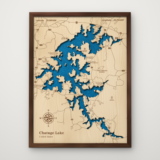 Chatuge Lake, North Carolina, layered wood map with blue painted water and stained walnut frame, by Dirt Road Barns