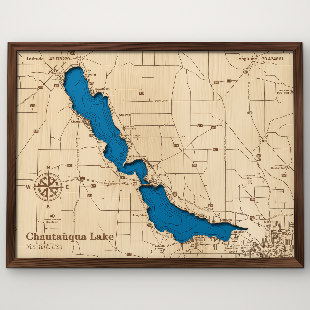 Chautauqua Lake layered wood map with blue painted water and stained walnut frame, by Dirt Road Barns