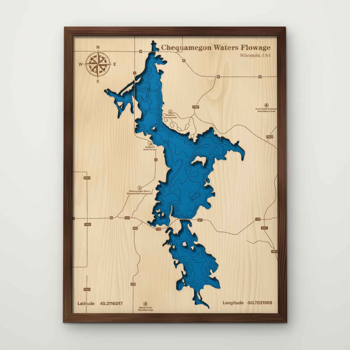 Chequamegon Waters Flowage, Wisconsin, layered wood map with blue painted water and stained walnut frame, by Dirt Road Barns