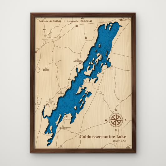 Cobbosseecontee Lake, Maine, layered wood map with blue painted water and stained walnut frame, by Dirt Road Barns