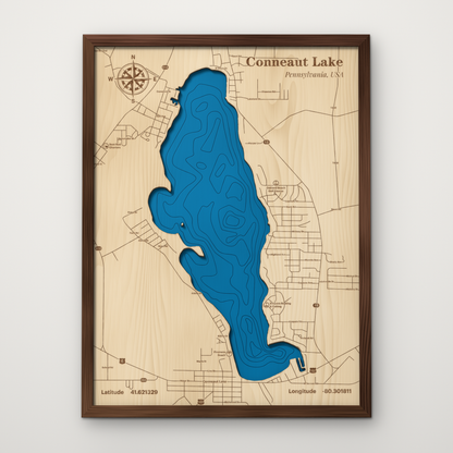 Conneaut Lake, Pennsylvania, layered wood map with blue painted water and stained walnut frame, by Dirt Road Barns