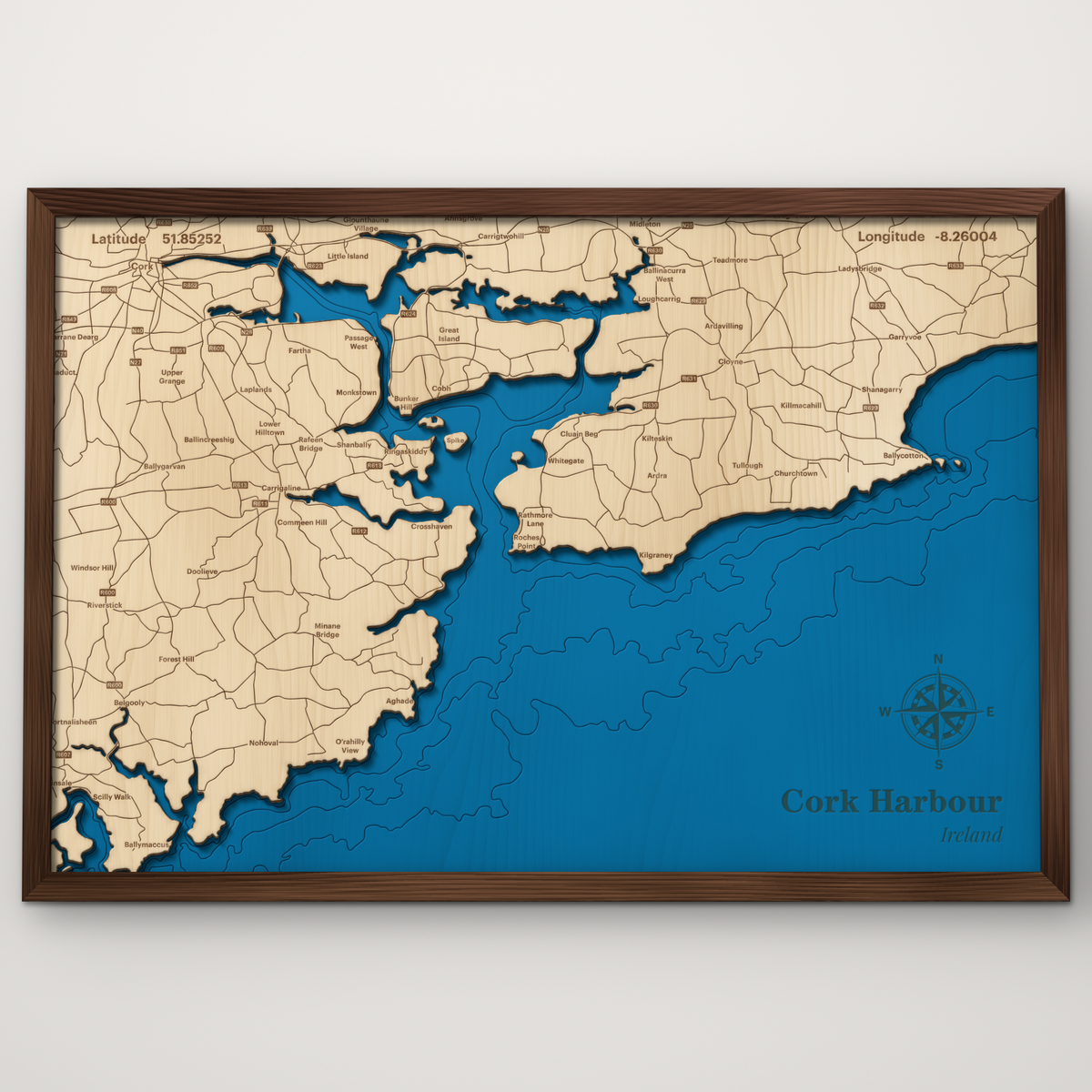 Cork Harbour, County Cork, layered wood map with blue painted water and stained walnut frame, by Dirt Road Barns
