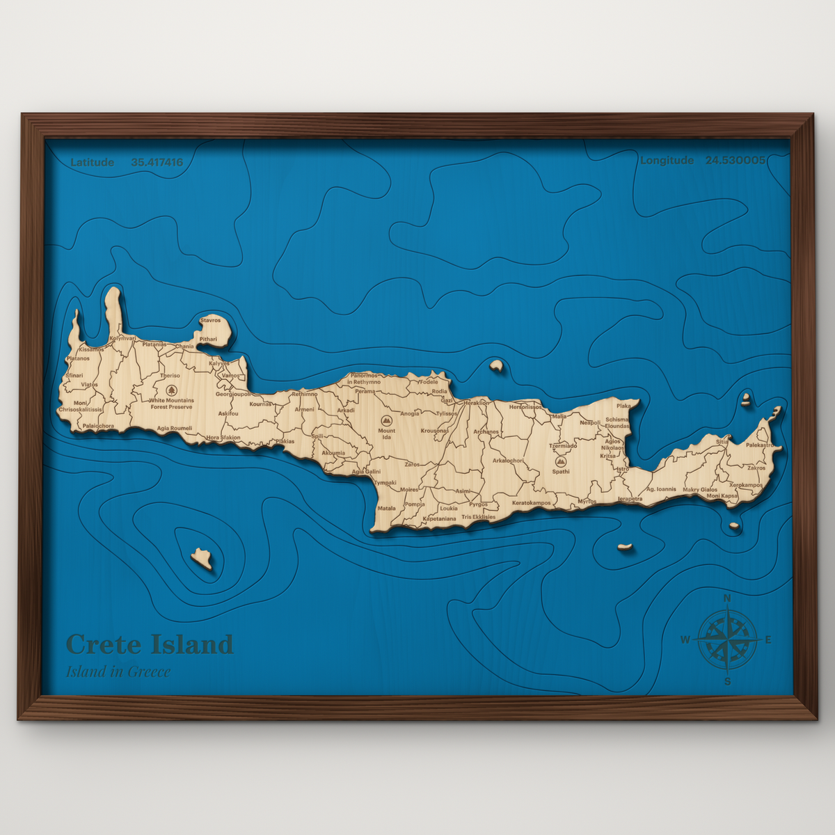Crete, Crete, layered wood map with blue painted water and stained walnut frame, by Dirt Road Barns