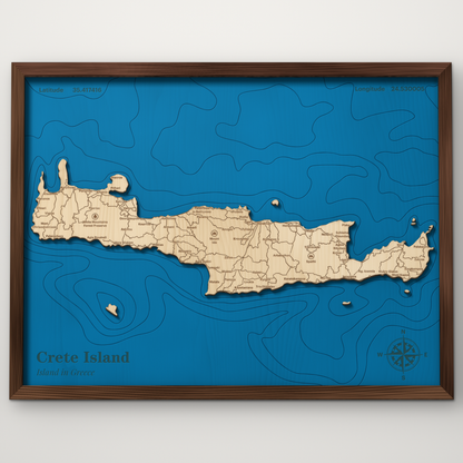 Crete, Crete, layered wood map with blue painted water and stained walnut frame, by Dirt Road Barns